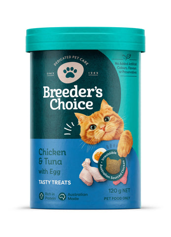Breeders Choice Chicken & Tuna with Egg Tasty Cat Treats 120g