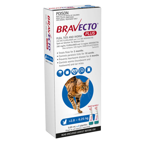 Bravecto Plus Treatment for Cats 2.8-6.25kg Blue Spot On 2 Pack