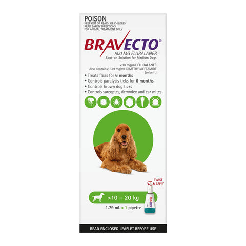 Bravecto Flea & Tick Treatment for Dogs 10-20kg Green Spot On 1 Pack