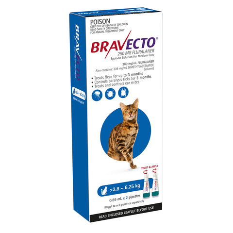 Bravecto Flea & Tick Treatment for Cats 2.8-6.25kg Blue Spot On 2 Pack