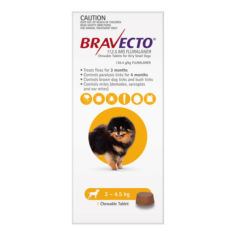 Bravecto Flea & Tick Treatment for Dogs 2-4.5kg Yellow Chewable