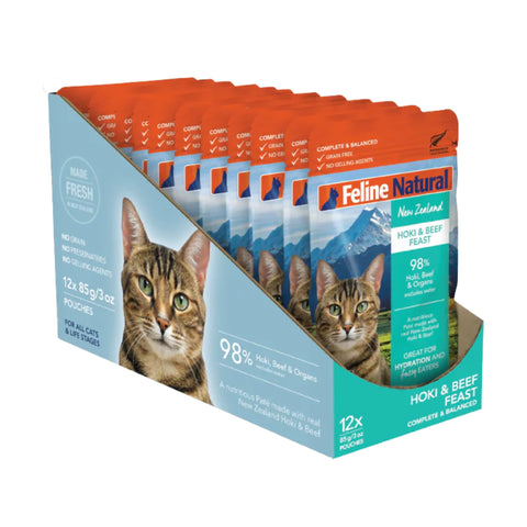 Feline Natural Grain-Free NZ Hoki & Beef Feast Wet Cat Food Pouches 85g x12