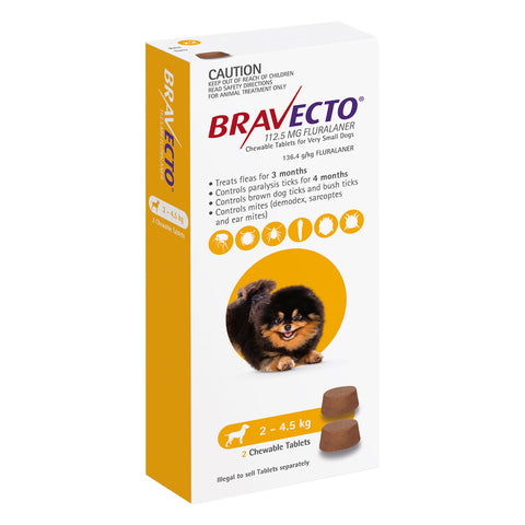 Bravecto Flea & Tick Treatment for Dogs 2-4.5kg Yellow Chewable